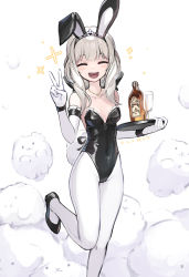 Rule 34 | 1girl, :d, alcohol, animal, animal ears, asicah, black footwear, black leotard, blush, bottle, breasts, closed eyes, commentary, copyright request, covered navel, dated, elbow gloves, facing viewer, fake animal ears, foot out of frame, glass, gloves, hairband, high heels, highres, holding, holding tray, jewelry, leg up, leotard, light brown hair, long hair, necklace, open mouth, pantyhose, rabbit ears, simple background, small breasts, smile, solo, standing, standing on one leg, strapless, strapless leotard, symbol-only commentary, teeth, tray, upper teeth only, v, white background, white gloves, white pantyhose, wristband