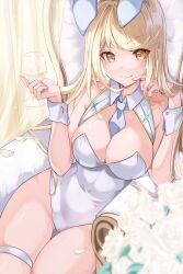 Rule 34 | 1girl, absurdres, animal ears, armchair, blonde hair, breasts, chair, cleavage, commentary, cowboy shot, cup, drinking glass, fake animal ears, highres, holding, holding cup, large breasts, leotard, looking at viewer, mythra (xenoblade), necktie, playboy bunny, risumi (taka-fallcherryblossom), sitting, solo, swept bangs, thigh gap, thigh strap, white leotard, white necktie, wine glass, wrist cuffs, xenoblade chronicles (series), xenoblade chronicles 2, yellow eyes