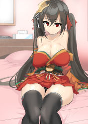 Rule 34 | 1girl, absurdres, ahoge, arm support, azur lane, bare shoulders, bed, bed sheet, black hair, black thighhighs, blush, breasts, cleavage, closed mouth, collarbone, dress, hair between eyes, hair ornament, hair ribbon, highres, indoors, japanese clothes, large breasts, leaning back, light smile, long hair, looking at viewer, momio, on bed, pillow, red dress, red eyes, red ribbon, ribbon, sitting, solo, taihou (azur lane), thighhighs, thighs, tissue box, twintails, wide sleeves, window