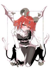 Rule 34 | 1girl, @ @, absurdres, artist request, belt, blush, breasts, claws, dark young (fate), fate (series), fujimaru ritsuka (female), full body, goat horns, heart o-ring, heart ring top, highres, hooves, horns, kneeling, looking at viewer, medium breasts, multiple tails, navel, orange eyes, orange hair, tail, transformation, white background, wings
