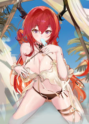 Rule 34 | 1girl, absurdres, arknights, bare shoulders, bikini, bikini under clothes, black bikini, black ribbon, blue sky, blush, bow, breasts, cleavage, collarbone, criss-cross halter, day, detached sleeves, eating, food, hair rings, halterneck, hand on own chest, highres, horn ornament, horns, kneeling, large breasts, long hair, long sleeves, looking at viewer, mikuning, mouth hold, nail polish, navel, neck ribbon, official alternate costume, orange nails, outdoors, popsicle, purple eyes, red hair, ribbon, side-tie bikini bottom, sky, solo, spread legs, star (symbol), surtr (arknights), surtr (colorful wonderland) (arknights), swimsuit, swimsuit under clothes, thigh strap, toenail polish, toenails, tongue, tongue out, very long hair, white bow