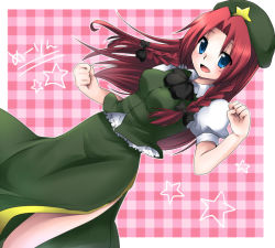 Rule 34 | 1girl, bad id, bad pixiv id, blue eyes, braid, breasts, character name, china dress, chinese clothes, dress, female focus, hat, hong meiling, immaterial and missing power, long hair, marimo danshaku, red hair, solo, touhou, twin braids