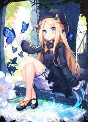 Rule 34 | 1girl, 2drr, abigail williams (fate), animal, black bow, black dress, black footwear, black hat, blonde hair, bloomers, blue eyes, blurry, blurry background, blush, bow, bug, butterfly, closed mouth, commentary request, day, depth of field, dress, fate/grand order, fate (series), flower, forehead, full body, hair bow, hat, highres, insect, knees up, long hair, long sleeves, multiple hair bows, orange bow, parted bangs, polka dot, polka dot bow, railing, shoes, sitting, sleeves past fingers, sleeves past wrists, solo, stairs, stone stairs, underwear, very long hair, water, white bloomers, white flower