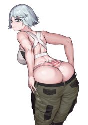 Rule 34 | 1girl, ass, bare shoulders, bent over, breasts, cinko, clothes pull, commentary, from behind, grey eyes, highres, iana (rainbow six), large breasts, looking at viewer, looking back, panties, pants, pants pull, pout, rainbow six siege, short hair, silver hair, simple background, solo, striped clothes, striped panties, toned, underwear, white background