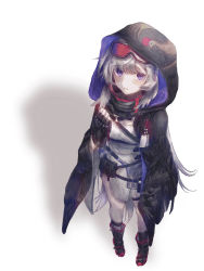 Rule 34 | 1girl, arknights, bead bracelet, beads, black cape, black cloak, black gloves, bracelet, bracelet removed, cape, cloak, commentary request, feather hair, fingerless gloves, gloves, goggles, goggles on head, grey hair, highres, holding, hood, hood up, hooded cloak, jewelry, long hair, looking at viewer, mulberry (arknights), pouch, purple cloak, purple eyes, sctm o0, shadow, solo, two-tone cloak