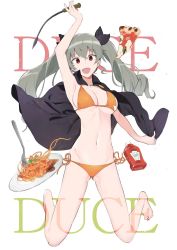 Rule 34 | 1girl, anchovy (girls und panzer), bikini, breasts, cape, cleavage, drill hair, food, girls und panzer, green hair, highres, ketchup, long hair, looking at viewer, muteki soda, navel, pasta, pizza, red eyes, simple background, solo, spaghetti, swimsuit, thigh gap, twin drills, twintails, white background