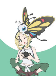 Rule 34 | 1girl, ankle boots, bare arms, beautifly, belt, blonde hair, blush, boots, brown footwear, camera, commentary request, creatures (company), dated, eyelashes, game freak, gen 3 pokemon, green eyes, green pants, green wristband, gym leader, holding, holding camera, looking up, nibo (att 130), nintendo, on head, one eye closed, open mouth, pants, pokemon, pokemon (creature), pokemon on head, pokemon xy, shirt, sleeveless, sleeveless shirt, two-tone background, viola (pokemon), white belt, white shirt, wristband