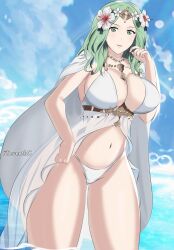 Rule 34 | 1girl, artist name, bikini, blue sky, breasts, cleavage, closed mouth, cloud, collarbone, female focus, fire emblem, fire emblem: three houses, fire emblem heroes, flower, green eyes, green hair, hair flower, hair ornament, highres, jewelry, large breasts, matching hair/eyes, navel, necklace, nintendo, ocean, official alternate costume, outdoors, partially submerged, rhea (fire emblem), rhea (summer) (fire emblem), sky, smile, solo, standing, swimsuit, thick thighs, thighs, white bikini