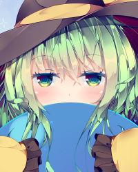 Rule 34 | 1girl, black hat, blue background, blush, commentary request, covering own mouth, fant, frilled sleeves, frills, green eyes, green hair, hair between eyes, hat, hat ribbon, highres, komeiji koishi, light blush, long sleeves, looking at viewer, partial commentary, ribbon, shirt, short hair, simple background, sleeves past fingers, sleeves past wrists, solo, third eye, touhou, upper body, yellow shirt