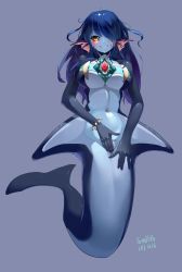 Rule 34 | 1girl, artist name, bare shoulders, black sclera, blue hair, blue skin, blush, breasts, colored sclera, colored skin, commentary request, covering privates, covering crotch, facial mark, fang, fang out, fins, full body, gem, gradient hair, grey background, hair over one eye, head fins, heart, highres, large breasts, long hair, looking at viewer, mermaid, monster girl, multicolored hair, multicolored skin, nail polish, navel, original, purple hair, purple nails, shark girl, simple background, smile, smlltb, solo, stomach, two-tone skin, yellow eyes