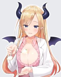 Rule 34 | 1girl, absurdres, asymmetrical bangs, bat wings, blonde hair, blue eyes, blush, breasts, cleavage, coat, collared shirt, commentary, demon horns, feeding, food, grey background, highres, holding, holding spoon, hololive, horns, ice cream, lab coat, large breasts, long hair, looking at viewer, open clothes, open mouth, open shirt, parted bangs, pink shirt, pointy ears, pov, satobitob, sexually suggestive, shirt, simple background, smile, solo, spill, spoon, upper body, virtual youtuber, white coat, wing collar, wings, yuzuki choco, yuzuki choco (1st costume)