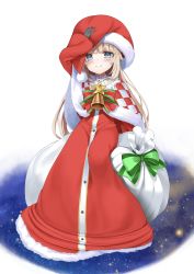 Rule 34 | .live, 1girl, absurdres, arm up, bag, bell, blue eyes, blush, full body, gloves, hat, highres, looking at viewer, merry milk, murata taichi, santa costume, santa hat, simple background, smile, star (symbol), virtual youtuber, white background, white hair