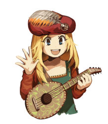 Rule 34 | 1girl, animification, blonde hair, blue eyes, chinese commentary, collarless shirt, commentary request, dress, eyes visible through hair, hat, headwear request, holding, holding instrument, instrument, long hair, long sleeves, open mouth, priscilla (the witcher), red hat, ruukii drift, simple background, smile, solo, teeth, the witcher (series), the witcher 3, upper body, upper teeth only, waving, waving arm, white background