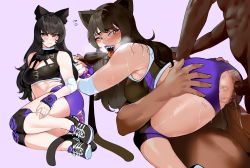 Rule 34 | 1girl, 2boys, anal, anal beads, anal tail, animal ears, ass, black hair, blake belladonna, blush, body writing, bow, breasts, butt plug, cat ears, commentary, dark-skinned male, dark skin, double penetration, english commentary, fake tail, group sex, hair bow, head out of frame, hetero, highres, legs, long hair, medium breasts, mmf threesome, multiple boys, nyantcha, open mouth, penis, rwby, sex, sex toy, sharp teeth, short shorts, shorts, tail, teeth, threesome, tongue, tongue out, torn, torn clothes, uncensored, vaginal, yellow eyes