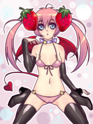 Rule 34 | 1girl, bad id, bad pixiv id, bat wings, blue eyes, blush, bra, breasts, demon girl, female focus, flat chest, food, fruit, gloves, lingerie, makuro, panties, pink hair, solo, strawberry, tail, thighhighs, twintails, underwear, underwear only, wings
