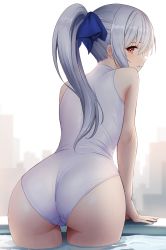Rule 34 | 1girl, arm support, ass, bare arms, bare shoulders, competition swimsuit, cowboy shot, from behind, highres, leaning forward, long hair, looking at viewer, looking back, one-piece swimsuit, orange eyes, original, parted lips, ponytail, silver hair, sion (9117), solo, swimsuit, water, white one-piece swimsuit