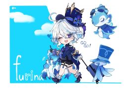 Rule 34 | 1girl, :d, ahoge, ascot, asymmetrical gloves, black gloves, black shorts, blue ascot, blue background, blue eyes, blue footwear, blue hair, blue hat, blue jacket, brooch, character name, cloud, colored inner hair, from side, full body, furina (genshin impact), genshin impact, gloves, hair intakes, hat, heterochromia, high heels, highres, holding, holding suitcase, jacket, jewelry, long sleeves, looking at viewer, mismatched gloves, multicolored hair, open mouth, shinoo0915, short hair, shorts, sidelocks, smile, solo, standing, suitcase, top hat, two-tone background, white background, white gloves, white hair