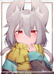 Rule 34 | 1girl, animal ear fluff, animal ears, animal print, blue capelet, blush, capelet, character name, closed mouth, commentary request, grey hair, kibayashi kimori, looking at viewer, mouse ears, mouse girl, mouse tail, nazrin, print scarf, red eyes, scarf, short hair, sleeves past wrists, solo, tail, tiger print, touhou, upper body, white background, yellow scarf