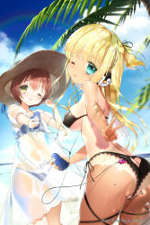 Rule 34 | 2girls, aqua eyes, ass, bad id, bad pixiv id, beach, between labia, bikini, bikini under clothes, bird, black bikini, blonde hair, blue bikini, blush, breasts, brown hair, cloud, copyright name, covered erect nipples, day, hat, headphones, highres, long hair, looking at viewer, looking back, medium breasts, miteddy, multiple girls, one-piece tan, one eye closed, open mouth, outdoors, palm tree, penguin, ponytail, see-through, short hair, sideboob, sky, small breasts, smile, standing, sun hat, swimsuit, swimsuit under clothes, sword girls, tan, tanline, tongue, tongue out, tree, v, water, water drop, water gun, yellow eyes