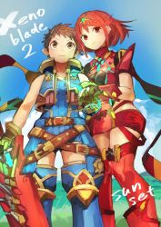 Rule 34 | 1boy, 1girl, artist name, belt, blue sky, bodysuit, brown gloves, brown hair, copyright name, crotchless, crotchless pants, day, geetgeet, gloves, grass, nintendo, pyra (xenoblade), red eyes, red hair, rex (xenoblade), ribbed bodysuit, short hair, sidelocks, skirt, sky, sword, tiara, vest, weapon, xenoblade chronicles (series), xenoblade chronicles 2, xenoblade chronicles (series), xenoblade chronicles 2, yellow eyes