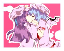 Rule 34 | 2girls, bad id, bad pixiv id, bat wings, blue hair, closed eyes, colored eyelashes, couple, crescent, crescent moon, embodiment of scarlet devil, eyelashes, female focus, hat, holding hands, kiss, long hair, moon, multiple girls, patchouli knowledge, purple hair, red eyes, remilia scarlet, ribbon, richard, short hair, simple background, touhou, wings, yuri