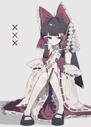 Rule 34 | 1girl, ascot, bad id, bad twitter id, bare shoulders, black footwear, bow, brown hair, closed mouth, collared vest, detached sleeves, frilled bow, frilled hair tubes, frilled skirt, frills, full body, gohei, grey background, grey eyes, hair bow, hair tubes, hakurei reimu, half-closed eyes, highres, holding, holding gohei, kneehighs, knees together feet apart, knees up, long hair, looking at viewer, mary janes, red bow, red skirt, red vest, ribbon-trimmed sleeves, ribbon trim, shoes, simple background, sitting, skirt, socks, solo, touhou, vest, white sleeves, white socks, wing collar, x, xx asui, yellow ascot