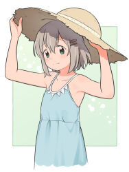 Rule 34 | 1girl, arms up, bare shoulders, blue dress, blush, brown hat, closed mouth, collarbone, commentary request, cropped legs, dress, flat chest, green background, green eyes, grey hair, hair between eyes, hair ornament, hairclip, hat, highres, light smile, looking at viewer, meis (terameisu), short hair, sleeveless, sleeveless dress, solo, standing, sun hat, sundress, two-tone background, white background, yama no susume, yukimura aoi