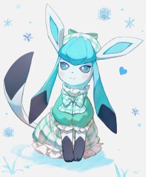 Rule 34 | aqua eyes, blush, bow, bowtie, bright pupils, closed mouth, clothed pokemon, commentary request, creatures (company), frilled shirt, frills, full body, game freak, gen 4 pokemon, glaceon, glaceon (checkered), green shirt, hat, highres, nintendo, no humans, pokemon, pokemon (creature), pokemon unite, shirt, sitting, smile, snowflakes, solo, white background, white pupils, yosame0a