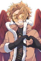 Rule 34 | 1boy, backlighting, black gloves, black shirt, blonde hair, boku no hero academia, brown jacket, buttons, closed eyes, commentary request, facial hair, facing viewer, feathered wings, fur-trimmed gloves, fur-trimmed jacket, fur trim, gloves, goggles, grin, happy, hawks (boku no hero academia), headphones, heart, heart hands, high collar, jacket, long sleeves, male focus, miso (mimimiso), red wings, shirt, short hair, simple background, smile, solo, stubble, tinted eyewear, upper body, white background, wings, yellow-tinted eyewear