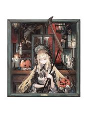 Rule 34 | 1girl, arknights, axe, black dress, black headwear, black nails, black ribbon, blonde hair, blunt bangs, bonnet, breasts, candle, chinese commentary, closed mouth, commentary, demon horns, doll, dress, eyelashes, fire, grey eyes, halloween costume, hatchet, hatchet (axe), highres, holding, holding staff, horns, jack-o&#039;-lantern, lantern, light smile, long hair, looking at viewer, medium breasts, nail polish, neck ribbon, nightingale (an elegy) (arknights), nightingale (arknights), official alternate costume, picture frame, pipidan, ribbon, smile, solo, staff, straight hair, taxidermy, upper body