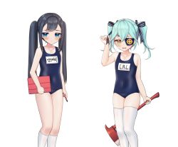 Rule 34 | 2girls, andvari (last origin), axe, bad id, bad pixiv id, blue hair, blue one-piece swimsuit, collarbone, competition school swimsuit, covered navel, dark blue hair, fire axe, green eyes, hair between eyes, hair ribbon, highres, kbn317, last origin, light blue hair, long hair, looking at viewer, lrl (last origin), multiple girls, name tag, old school swimsuit, one-piece swimsuit, ribbon, school swimsuit, simple background, stylus, swimsuit, tablet pc, thighhighs, twintails, white background, white legwear, yellow eyes