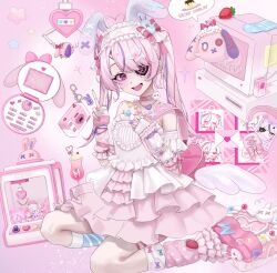 Rule 34 | 1girl, :d, absurdres, ahoge, animal ears, arm warmers, armpit crease, backpack, bag, bandaid, bare shoulders, blush, bracelet, camera, cherry, choker, crane game, crt, detached sleeves, dress, english text, eyepatch, fingerless gloves, food, frilled dress, frilled hairband, frills, fruit, gloves, hairband, headphones, heart, heart-shaped cake, heart ahoge, heart eyepatch, heart necklace, highres, holding, holding bag, ice cream, ice cream float, jewelry, juice, leg warmers, lolita fashion, long hair, looking at viewer, maria marionette, marippet (maria marionette), multicolored hair, necklace, nijisanji, nijisanji en, open mouth, pearl bracelet, pearl necklace, pink choker, pink dress, pink hair, pink nails, platform footwear, rabbit ears, ribbon, shupami, sitting, sleeves past wrists, smile, solo, sparkle, speech bubble, star (symbol), strawberry, streaked hair, stuffed toy, thigh strap, twintails, v, virtual youtuber, wings, yokozuwari