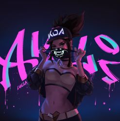 Rule 34 | 1girl, akali, artist name, bandeau, bare shoulders, baseball cap, belt, belt buckle, black choker, breasts, brown hair, buckle, character name, choker, commentary, contrapposto, cropped jacket, down jacket, earrings, english commentary, forehead, hat, heart, heart-shaped buckle, highres, jacket, jewelry, k/da (league of legends), k/da akali, league of legends, long hair, looking at viewer, lucia hsiang, mask, mouth mask, narrow waist, navel, neck ring, neon trim, off-shoulder jacket, off shoulder, official alternate costume, ponytail, raver, small breasts, solo, spray paint, triangle earrings, ultraviolet light, updo