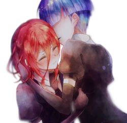 Rule 34 | 2others, androgynous, blue hair, blunt bangs, blush, cinnabar (houseki no kuni), closed eyes, elbow gloves, gem uniform (houseki no kuni), gloves, hair between eyes, hair over eyes, hand in another&#039;s hair, houseki no kuni, long bangs, meguritekuruhi, multiple others, necktie, phosphophyllite, phosphophyllite (ll), red hair, short hair, spoilers, upper body, whispering, white background