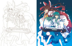 Rule 34 | 2girls, akarino, akarino (yucco), bow, brown hair, detached sleeves, female focus, frog, green eyes, green hair, hair bow, hair ornament, hair tubes, hakurei reimu, hand on own cheek, hand on own face, headset, instrument, japanese clothes, keyboard (instrument), kochiya sanae, lineart, long hair, microphone, miko, multiple girls, rope, shimenawa, sketch, snake, star (symbol), stitched, third-party edit, touhou, very long hair, wavy hair
