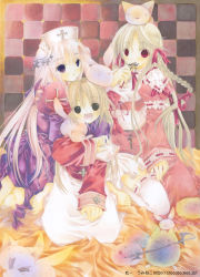 Rule 34 | 3girls, animal, animal on head, blonde hair, bow, braid, brown eyes, cat, cat on head, checkered background, cross, cross necklace, frills, greek cross, hair bow, happy, hat, indoors, jewelry, latin cross, long hair, looking at viewer, moo (umineko), multiple girls, necklace, o o, on head, open mouth, pale skin, priest, purple eyes, rabbit, red eyes, ribbon, sitting, smile, spirit, thighhighs, white thighhighs