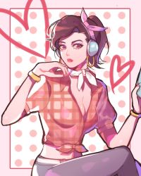 Rule 34 | 1girl, ;), alternate hairstyle, belt, bracelet, breasts, brown eyes, brown hair, cleavage, closed mouth, cowboy shot, cruiser d.va, d.va (overwatch), doong, earrings, eyelashes, fingernails, front-tie top, hair ribbon, hairband, hand to head, hands up, headphones, heart, highres, holding, hoop earrings, jewelry, looking at viewer, medium breasts, nail polish, neck ribbon, nose, official alternate costume, one eye closed, overwatch, overwatch 1, pants, pink background, pink hairband, pink ribbon, plaid, plaid shirt, polka dot, polka dot background, ponytail, red lips, red nails, red shirt, ribbon, shirt, short hair, sitting, smile, solo, swept bangs, white belt, white ribbon
