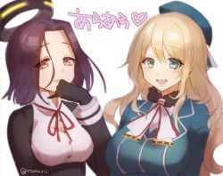 Rule 34 | 10s, 2girls, ara ara, atago (kancolle), bad id, bad twitter id, beret, black gloves, blonde hair, blue eyes, blush, breasts, gloves, halo, hat, kantai collection, large breasts, long hair, mechanical halo, military, military uniform, multiple girls, pink eyes, purple eyes, purple hair, short hair, smile, tatsuta (kancolle), tomari (veryberry00), translation request, twitter username, uniform