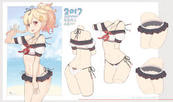 Rule 34 | 10s, 1girl, 2017, artist name, ass, bare shoulders, beach, black ribbon, blonde hair, braid, breasts, butt crack, character name, commentary request, cropped torso, dan (kumadan), dated, eyebrows, hair ribbon, jewelry, kantai collection, looking at viewer, miniskirt, multiple views, navel, necklace, ocean, open mouth, outside border, ponytail, red eyes, ribbon, school uniform, serafuku, short hair, short sleeves, signature, skirt, small breasts, teeth, thighs, watermark, web address, yuudachi (kancolle)