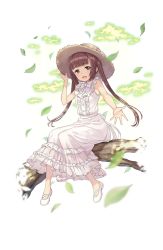 Rule 34 | 1girl, :d, adjusting clothes, adjusting headwear, arm up, bow, bowtie, brown eyes, brown hair, dress, flower, frilled dress, frills, full body, hat, hat flower, highres, in tree, kisaragi (princess principal), leaf, long hair, looking at viewer, official art, open mouth, outstretched hand, princess principal, princess principal game of mission, shoes, sitting, sitting in tree, smile, solo, standing, standing on one leg, straw hat, transparent background, tree, twintails, white bow, white bowtie, white dress, white footwear