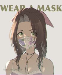 Rule 34 | 1girl, aerith gainsborough, bare shoulders, blue flower, braid, braided ponytail, brown hair, choker, dress, english text, final fantasy, final fantasy vii, final fantasy vii remake, flower, flower choker, goku-chan, green eyes, grey background, hair ribbon, highres, long hair, looking at viewer, mask, mouth mask, parted bangs, pink dress, pink flower, pink ribbon, portrait, ribbon, sidelocks, sleeveless, sleeveless dress, solo, twitter username, upper body, white mask, white trim