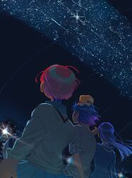 1boy 2girls amate_yuzuriha back blue_hair cityscape colony_interior floating_hair from_behind gundam gundam_gquuuuuux haro highres jacket long_hair long_sleeves multicolored_hair multiple_girls night night_sky non-humanoid_robot nyaan_(gundam_gquuuuuux) purple_hair red_hair robot school_uniform shirt short_hair shuji_ito sitting skirt sky space_habitat star_(sky) sweater tkrkve43 two-tone_hair