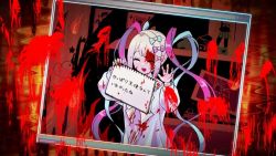 Rule 34 | 1girl, bad id, bad pixiv id, blood, blood in hair, blood on clothes, blood on face, blood stain, blue hair, bow, bowtie, broken screen, chouzetsusaikawa tenshi-chan, closed eyes, figure, grey hair, hair bow, holding, holding sign, itsuka furu yuki, large bow, long hair, monitor, multiple hair bows, needy girl overdose, open mouth, parody, pelchicol, pink hair, quad tails, sailor collar, school uniform, serafuku, sign, smile, solo, translated, upper body, very long hair, window (computing)