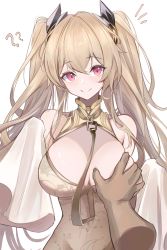 Rule 34 | 1boy, 1girl, ?, ??, absurdres, anchorage (azur lane), azur lane, blonde hair, blush, grabbing another&#039;s breast, breasts, cleavage, grabbing, highres, large breasts, long hair, long sleeves, open mouth, red eyes, simple background, smile, solo focus, toki (rumukio)