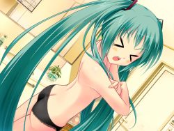 Rule 34 | &gt; &lt;, 1girl, amino, amino kohaku, ass, bathroom, black panties, butt crack, covering privates, closed eyes, green hair, hatsune miku, lace, lace-trimmed panties, lace trim, long hair, nude cover, open mouth, panties, panties only, solo, topless, twintails, underwear, underwear only, very long hair, vocaloid