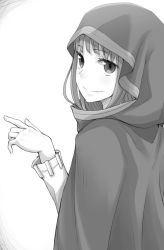 Rule 34 | 1girl, ayakura juu, cape, from behind, greyscale, holo, hood, hooded, index finger raised, looking at viewer, looking back, monochrome, novel illustration, official art, smile, solo, spice and wolf, white background