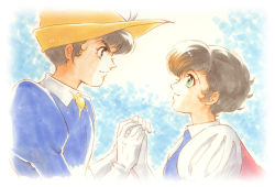 Rule 34 | 1boy, 1girl, brown hair, couple, eye contact, gloves, holding hands, hat, hetero, looking at another, marker (medium), millipen (medium), prince frank, princess sapphire, puff and slash sleeves, ribbon no kishi, short hair, traditional media, white gloves, ys001
