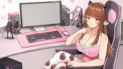 Rule 34 | 1girl, 9s (nier:automata), animal ear fluff, animal ears, animal print, bare shoulders, blush, breasts, brown hair, chair, cleavage, collarbone, computer, computer tower, cow ears, cow print, crossed legs, earrings, figure, gaming chair, highres, horns, indie virtual youtuber, indoors, jewelry, jirafuru, kitsu the cow, large breasts, looking at viewer, mega milk, microphone, microphone stand, monitor, nail polish, nier (series), nose piercing, piercing, pink eyes, polearm, pyramid head, shiny skin, silent hill (series), sitting, smile, spear, swivel chair, table, tank top, weapon