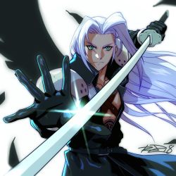 Rule 34 | 1boy, armor, bad id, bad twitter id, black gloves, black wings, blurry, depth of field, fighting stance, final fantasy, final fantasy vii, gloves, green eyes, highres, holding, holding sword, holding weapon, long hair, long sword, male focus, robaato, sephiroth, shoulder armor, signature, silver hair, single wing, solo, square enix, sword, upper body, weapon, wings