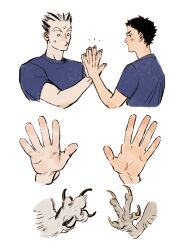 Rule 34 | 2boys, akaashi keiji, black hair, blue shirt, bokuto koutarou, chengongzi123, closed mouth, disembodied hand, grey hair, haikyuu!!, hand up, highres, holding hands, male focus, multiple boys, o o, puckered lips, shirt, short hair, short sleeves, simple background, spread fingers, t-shirt, talons, thick eyebrows, upper body, very short hair, white background